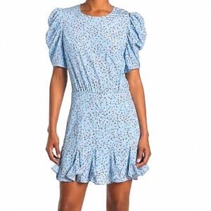 Veronica Beard Lila Silk Floral Puff Sleeve Mini Dress Blue Womens 10